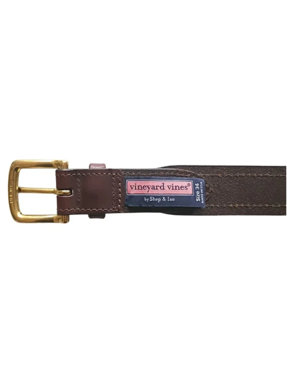 VINEYARD VINES Belt Leather Green Ribbon Solid Brass Buckle Sz 34 - Picture 6 of 7